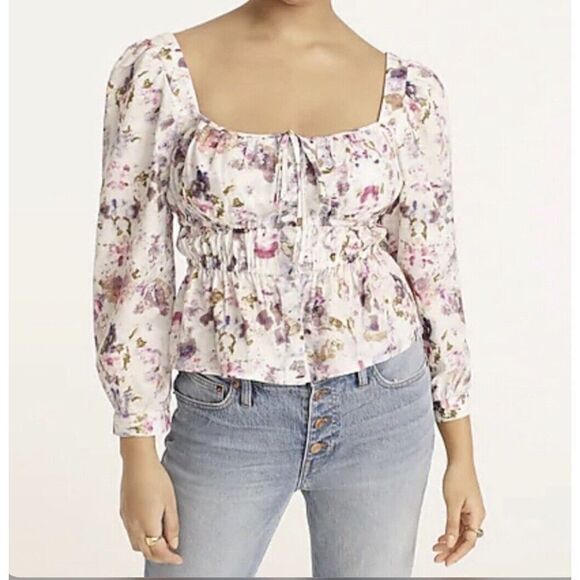 J CREW x Flora Obscura Womens Cinched Waist Top NEW Kaleidoscope Floral Sz 0 - Picture 1 of 12